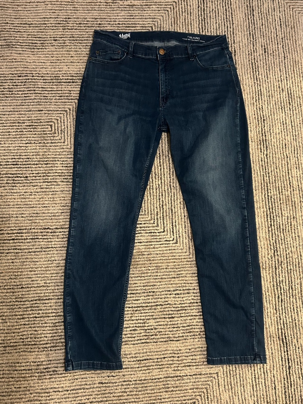 Mugsy Fultons Jeans 38x32 Whiskered Stone Medium Wash Denim Blue Stretch FLX3NFU